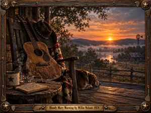 A weathered acoustic guitar and cowboy hat rest on a rustic porch overlooking a misty countryside at sunrise. Warm orange light illuminates rolling hills, a winding river, and distant farm buildings. A sleeping dog, steaming mug, and handwritten journal enhance the reflective mood. An ornate western frame completes the cinematic painting.