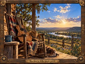 A rustic Texas porch overlooks a winding river and rolling hills beneath brilliant blue skies. A weathered guitar, cowboy hat, colorful blankets, and sleeping dog evoke peaceful nostalgia. Warm golden sunlight illuminates wildflowers and distant clouds. Rich painterly details and an ornate bronze musical frame complete the tranquil country scene.