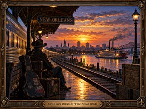 A solitary traveler rests beside a weathered guitar case at a nostalgic New Orleans railway station. Golden sunset reflections illuminate wet tracks and the Mississippi River, where a paddlewheel steamboat glides past the skyline. Rich orange and violet hues, detailed painterly realism, and an ornate bronze musical frame evoke bittersweet journeys.