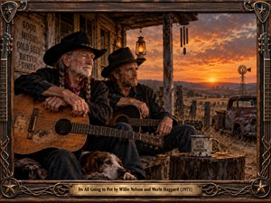 Two weathered country musicians rest with acoustic guitars on a rustic farmhouse porch, accompanied by a sleeping dog. Golden sunset illuminates dry fields, a rusty truck, and distant windmill. Rich amber tones, cinematic realism, and nostalgic Western textures create a humorous, reflective atmosphere within an ornate carved wooden guitar-themed frame.
