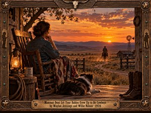A contemplative woman sits on a rustic ranch porch, watching a lone cowboy ride into a fiery orange sunset. A lantern, resting dog, and worn boots enrich the nostalgic Western atmosphere. Cinematic lighting, distant mountains, and a richly carved bronze frame evoke solitude, independence, and bittersweet longing.