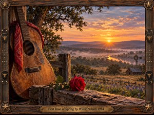 A weathered acoustic guitar and crimson rose rest against rustic timber overlooking rolling Texas hills at sunrise. Golden light spills across misty valleys, a winding river, and distant farmland. Rich amber tones, delicate wildflowers, and an ornate western frame create a nostalgic, peaceful atmosphere celebrating love, renewal, and enduring memories.