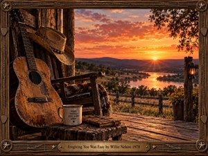 A weathered acoustic guitar and cowboy hat rest on a rustic porch overlooking a winding river at sunset. Golden light washes across wooden boards, a journal, and an enamel mug. Rich orange skies and distant hills evoke bittersweet nostalgia. An ornate wooden frame with brass accents completes the cinematic country scene.