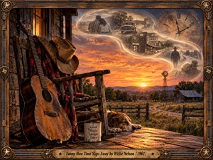 A weathered guitar rests against a rustic porch chair beneath a glowing country sunset. A sleeping dog, winding road, and distant windmill evoke quiet nostalgia. Sepia memories spiral through the sky around an antique clock, suggesting passing years and lost romance. Ornate bronze framing completes this richly detailed, cinematic artwork.