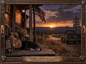 A weathered roadside cabin overlooks a winding desert road beneath a glowing orange and violet sunset. An old guitar, cowboy hat, resting dog, and rusted pickup evoke resilience, loneliness, and redemption. Rich cinematic realism, warm lantern light, rugged textures, and an ornate western frame create a nostalgic atmosphere.
