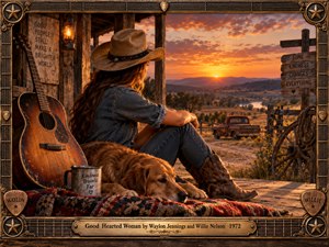 A cowgirl rests on a rustic porch beside her loyal dog and weathered guitar, gazing across golden countryside toward a glowing sunset. Warm amber light illuminates denim, worn boots, and a vintage pickup. Rich cinematic detail, nostalgic country atmosphere, and an ornate guitar-inspired frame celebrate enduring kindness, devotion, and quiet strength.