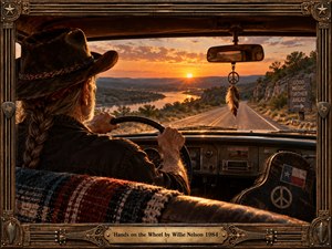 An aging cowboy drives a vintage truck along a winding Texas highway at sunset, overlooking a shimmering river and rugged hills. Golden amber light creates a peaceful, nostalgic atmosphere. Rich cinematic realism captures weathered textures, a hanging feather, and a guitar case, enclosed within an ornate rustic wooden frame.