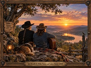 Two cowboys and a resting dog overlook a winding river at sunset beneath an ancient oak. Golden light illuminates distant mountains, creating a peaceful, nostalgic atmosphere. Richly detailed traditional painting captures rustic textures, warm amber skies, an acoustic guitar, and lantern, enclosed by an ornate wooden frame with engraved brass.