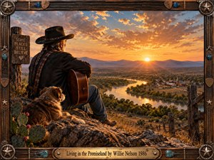 A weathered cowboy with an acoustic guitar rests beside his dog overlooking a winding river and peaceful valley at sunset. Golden light illuminates distant mountains, farmland, and a small town. Rich earth tones, cinematic realism, and a rustic Western frame with turquoise accents evoke hope, belonging, and enduring American dreams.