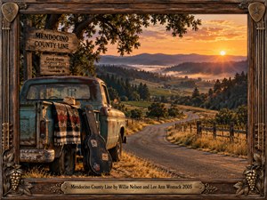 A weathered turquoise pickup rests beside a winding country road overlooking Mendocinos misty vineyards and golden hills at sunset. A cowboy hat, guitar case, and rustic signs evoke bittersweet memories and journeys past. Warm amber light, cinematic painterly detail, and an ornate wooden frame with bronze accents create nostalgic Americana.