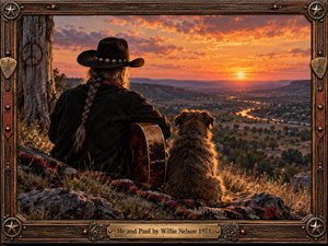 An aging cowboy with braided gray hair sits beside a shaggy dog, overlooking a winding river and distant hills at sunset. Warm amber and crimson light fills the nostalgic country landscape. A weathered wooden frame with bronze stars, guitar motifs, and an engraved title plate completes the cinematic artwork.