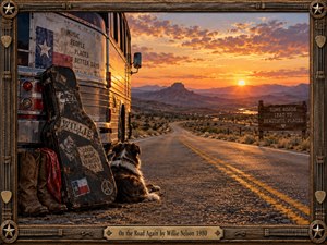 A weathered tour bus, guitar case, cowboy boots, and resting dog overlook a winding desert highway at sunset. Golden light washes distant mesas beneath glowing orange clouds. This richly detailed Western painting evokes freedom, companionship, and wanderlust, surrounded by a rustic guitar-string frame with brass accents and engraved title plate.