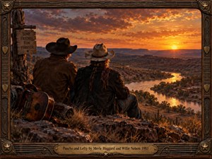 Two weathered cowboys sit overlooking a winding river and distant desert town beneath a fiery golden sunset. Rich amber skies illuminate rugged mesas and rocky terrain, creating a nostalgic Western atmosphere. A rustic guitar, carved wooden frame, brass title plate, and decorative musical details enhance the cinematic, painterly composition.