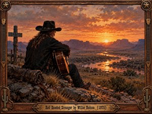 A solitary cowboy with long reddish hair sits beside his guitar overlooking a winding desert river at sunset. Golden light washes across distant mesas beneath dramatic orange clouds, creating a mournful, reflective atmosphere. Rich oil painting textures, rugged wilderness, and an ornate carved wooden frame evoke timeless Western storytelling.