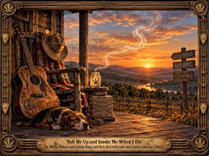 A weathered acoustic guitar, cowboy hat, and sleeping dog rest on a rustic porch overlooking a winding river at sunset. Golden light warms the wooden boards beneath a swirling ribbon of smoke. Rich orange skies, distant blue hills, carved musical details, and an ornate bronze frame create a peaceful, rebellious country atmosphere.