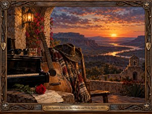 A richly detailed Western painting captures a golden sunset over rugged canyons and a winding river. A weathered guitar, cowboy hat, piano, and red rose evoke love, loss, and remembrance. Warm lantern light illuminates rustic stonework, while a distant mission chapel and ornate wooden frame enhance the nostalgic, spiritual atmosphere.