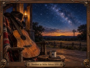 A weathered acoustic guitar and cowboy hat rest on a rustic Texas porch beneath a brilliant star-filled sky. Warm lantern light contrasts with deep blues and amber twilight over distant hills and a windmill. Rich painterly textures, nostalgic country details, and an ornate wooden musical frame evoke peaceful reflection and timeless memories.