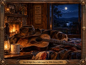 A rustic country cabin glows with golden firelight, illuminating a weathered acoustic guitar, cowboy hat, sleeping dog, and colorful quilt. Beyond the open window, moonlight bathes distant hills in deep blue. Rich cinematic detail, nostalgic warmth, and an ornate wooden frame with brass accents evoke peaceful companionship and lingering musical nights.