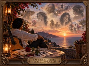 A romantic oil painting depicts a thoughtful man overlooking a Mediterranean coastline at sunset, surrounded by roses, letters, photographs, and a guitar. Soft portraits of women drift through golden clouds, evoking cherished memories. Warm amber lighting, delicate floral details, and an ornate bronze musical frame create a nostalgic atmosphere.