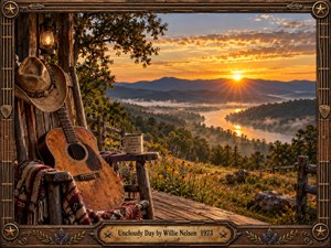 A weathered acoustic guitar rests on a rustic porch overlooking a misty river valley at golden sunrise. A cowboy hat, lantern, patterned blanket, and wildflowers evoke peaceful country nostalgia. Warm amber light illuminates distant mountains, while an ornate wooden frame with guitar strings, bronze accents, and an engraved title plate completes the scene.
