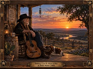 An elderly cowboy musician rests on a weathered wooden porch beside his guitar and loyal dog, peacefully contemplating a golden sunset over a winding river valley. Rich oil painting textures, warm amber lighting, rustic details, and an ornate Western frame evoke nostalgia, quiet acceptance, and the passage of time.