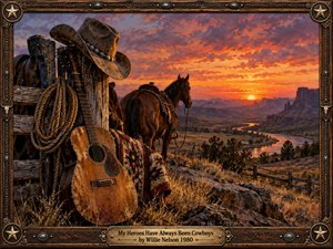 A saddled horse overlooks a winding river and distant mesas beneath a fiery orange sunset. A weathered cowboy hat, coiled rope, acoustic guitar, and patterned blanket evoke solitude and nostalgia. Rich oil painting textures capture the rugged Western landscape, enclosed by an ornate leather and bronze frame with turquoise accents and engraved title plate.