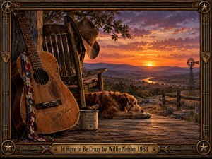 A weathered acoustic guitar, cowboy hat, and resting dog occupy a rustic Texas porch overlooking a winding river at sunset. Golden orange light illuminates distant hills beneath violet clouds. Richly textured traditional painting conveys warmth, solitude, and quiet devotion, enclosed within an ornate carved wooden frame with bronze Western accents.