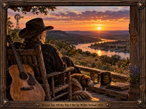 An elderly cowboy with silver braids rests on a rustic porch beside his guitar and faithful dog, overlooking a winding river at sunset. Golden orange light illuminates distant hills beneath purple clouds. A weathered journal, bluebonnets, carved heart, and ornate wooden frame enrich this nostalgic, cinematic scene of enduring devotion.