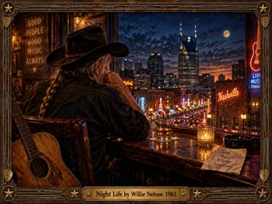An aging country musician in a black cowboy hat gazes across Nashvilles glowing nightlife from a rustic bar. Amber candlelight contrasts with blue moonlit skies and colorful neon streets. A weathered guitar, whiskey glass, and handwritten note deepen the reflective mood. Detailed painterly realism meets an ornate Western-inspired frame.
