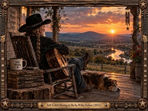 An elderly cowboy with braided hair rests on a wooden porch, holding his weathered guitar beside a sleeping dog. Golden sunset illuminates a winding river and distant mountains. Warm amber tones, rustic textures, and cinematic painterly realism convey peaceful reflection. An ornate guitar-themed wooden frame completes the nostalgic scene.