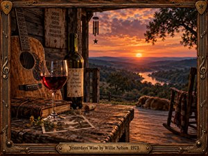 A weathered guitar, red wine, and treasured keepsakes rest on a rustic porch overlooking a winding river at sunset. Amber light washes across aged wood beneath a glowing orange sky. A sleeping dog and empty rocking chair deepen the nostalgic stillness. Ornate musical framing completes this richly detailed, cinematic country scene.
