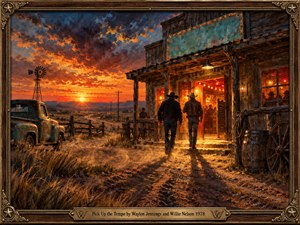 Two cowboys stride toward a glowing roadside saloon beneath a fiery orange sunset and turbulent indigo clouds. A weathered turquoise pickup, windmill, and winding dirt road evoke the restless American West. Thick oil brushstrokes, long shadows, and warm lamplight create lively nostalgia, enclosed by carved wood and brass.