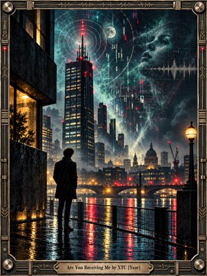 A lone figure stands on a rain-slick riverside beneath a glowing city skyline, surrounded by radio towers, signal waves, and a vast spectral face suspended in the stormy sky. Teal, red, and amber light creates tense nocturnal energy, while intricate digital surrealism and a mechanical frame evoke communication, distance, and technological unease.