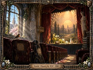 A richly detailed old theater glows with golden spring light, framing a pastoral stage of daffodils, blossoms, a rabbit, and distant village. Worn crimson seats, ivy-covered stonework, scattered petals, and a resting guitar case create nostalgic warmth. Ornate musical framing and Easter decorations reinforce the dreamlike, theatrical atmosphere.