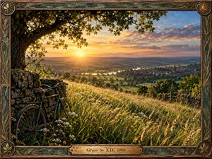 Golden evening light washes across a sweeping countryside of tall grass, wildflowers, stone walls, and rolling fields. A vintage bicycle rests beneath a broad tree while a river, village, and church spire recede into hazy hills. An ornate botanical frame adds nostalgic, handcrafted elegance and warmth.