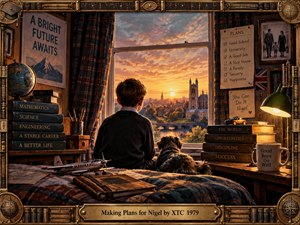 A young boy and his dog sit before a glowing window overlooking a distant town at sunset, surrounded by books, school symbols, plans, and objects suggesting expectation and ambition. Warm amber light, deep browns, and muted blues create a nostalgic, slightly uneasy mood within a richly detailed vintage illustrative frame.