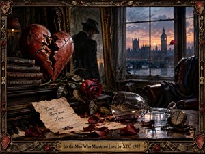 A shadowed man stands before an antique mirror in a brooding London room, surrounded by a shattered red heart, wilted roses, spilled wine, old books, and a pocket watch. Warm amber light contrasts with blue twilight outside, while ornate musical framing enhances the cinematic, melancholic atmosphere.