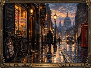 A rain-slicked London street glows beneath amber lamps and a fiery dusk sky as a lone figure walks toward a distant cathedral. Record shops, bicycles, taxis, and a red telephone box evoke urban British life. Ornate brass framing, rich reflections, and painterly detail create a nostalgic yet subtly rebellious atmosphere.