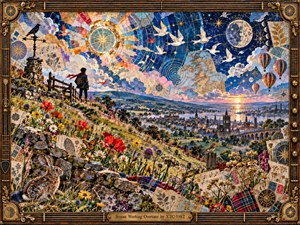 An alert traveler stands on a wildflower hillside above a glowing riverside town, surrounded by a richly layered mixed-media collage of maps, celestial diagrams, birds, balloons, flowers, and a watchful hare. Deep blues, warm golds, reds, and greens shimmer under sunset light within an ornate brass-and-wood frame.