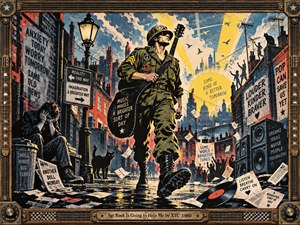 A heroic soldier-musician strides through a restless city of posters, rooftops, speakers, and scattered records, turning anxiety into defiant optimism. Bold olive, red, yellow, cream, and blue tones glow beneath dramatic sunbursts. Distressed halftones, graphic lettering, and a detailed instrument-inspired frame evoke an energetic 1980 screenprint.