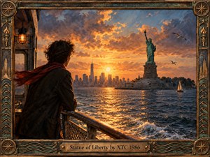 A windblown figure in a dark coat and red scarf watches New York Harbor from a ferry as the Statue of Liberty rises against a glowing sunset. Golden reflections ripple across deep blue water beneath dramatic clouds. A weathered bronze nautical frame, compass details, city skyline, gulls, and sailboat enhance the nostalgic painterly atmosphere.