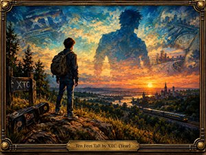 A lone traveler overlooks a glowing river city at sunset while a towering spectral figure rises through turbulent blue and amber clouds. Warm light, distant railways, a guitar case, clock imagery, and sweeping roads create an uplifting, dreamlike sense of transformation. Ornate brass framing reinforces the richly textured oil-painted style.