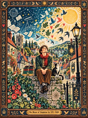 A thoughtful young man sits on a stone wall beside a cat in a charming English village, gazing toward a radiant sun. Books, stars, birds, flowers, and scientific motifs swirl overhead in playful contrast. Warm gold, deep blue, red, and green create a cheerful, folk-art atmosphere within an ornate wooden frame.