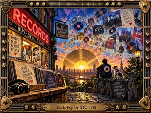 A glowing record-shaped sun rises beyond London as a young figure and terrier overlook the city from a stone path. A vibrant record shop, floating vinyl, posters, musical notation, and British imagery create nostalgic pop energy. Warm gold, crimson, blue, and violet lighting enrich the detailed retro collage.