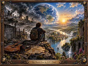 A lone traveler overlooks a divided world where smoking ruins and armored wreckage give way to a radiant valley of rivers, mountains, and flourishing towns. A vast Earth hangs overhead beneath turbulent clouds and golden sunlight. Rich painterly detail, warm wood framing, a guitar, maps, and flowers reinforce the reflective mood.