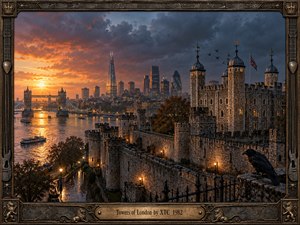 The Tower of London rises above the Thames beneath dramatic blue-gray clouds and a fiery golden sunset. Historic stone battlements contrast with Londons modern skyline and Tower Bridge, while glowing lamps, wet reflections, autumn foliage, and a watchful raven create a brooding, cinematic atmosphere framed by ornate dark metalwork.