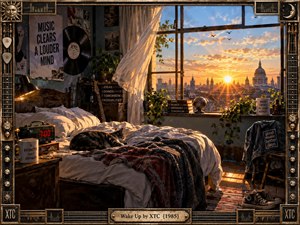 A richly detailed bedroom opens onto a glowing city sunrise, balancing sleepy intimacy with awakening energy. Warm gold and amber light spill across an unmade bed, sleeping cat, guitar, records, books, plants, and vintage objects. An ornate musical frame, drifting curtains, and expansive skyline create a nostalgic, cinematic 1980s atmosphere.