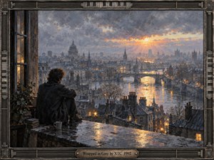 A solitary figure sits on a rain-darkened rooftop overlooking a sprawling riverside city at dusk. Grey-blue clouds part around a warm amber sun, reflecting across bridges and wet stone. Painterly textures, glowing windows, distant spires, and an ornate metallic frame create a reflective, melancholic atmosphere balanced by quiet hope.
