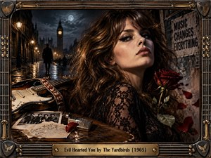 A mysterious woman in black lace dominates a rain-soaked 1960s London night, framed by Big Ben, moonlit clouds, a shadowy figure, worn guitar, red rose, photographs, and handwritten memories. Warm streetlights contrast with deep charcoal tones, creating cinematic tension within an ornate brass and guitar-string frame.