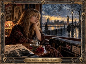A wistful young woman sits beside a rainy London window as Big Ben and Westminster glow across the Thames. Warm amber lamplight contrasts with cool blue storm clouds and wet reflections. A Yardbirds record, red rose, teacup, vintage suitcase, and ornate guitar-themed frame create richly detailed 1960s rock nostalgia.